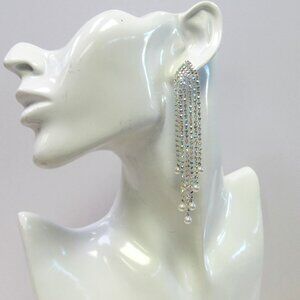 Long Iridescent Rhinestone & Pearl Dangle Chandelier Earrings Wedding Bridal